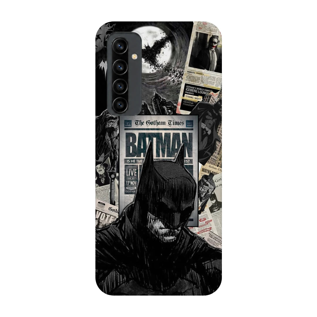 Batman Newspaper 3D Print OnePlus Nord Phone Case, back view; black-and-white Batman portraits and newspaper-style graphics