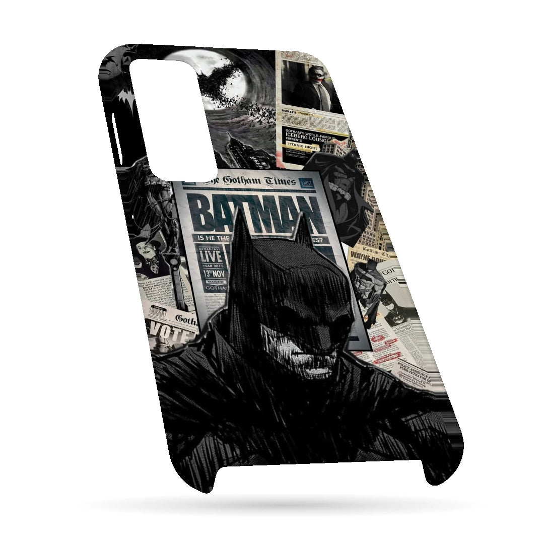 Batman Newspaper 3D Print OnePlus Nord Phone Case, bottom view; black-and-white Batman portraits and newspaper-style graphics