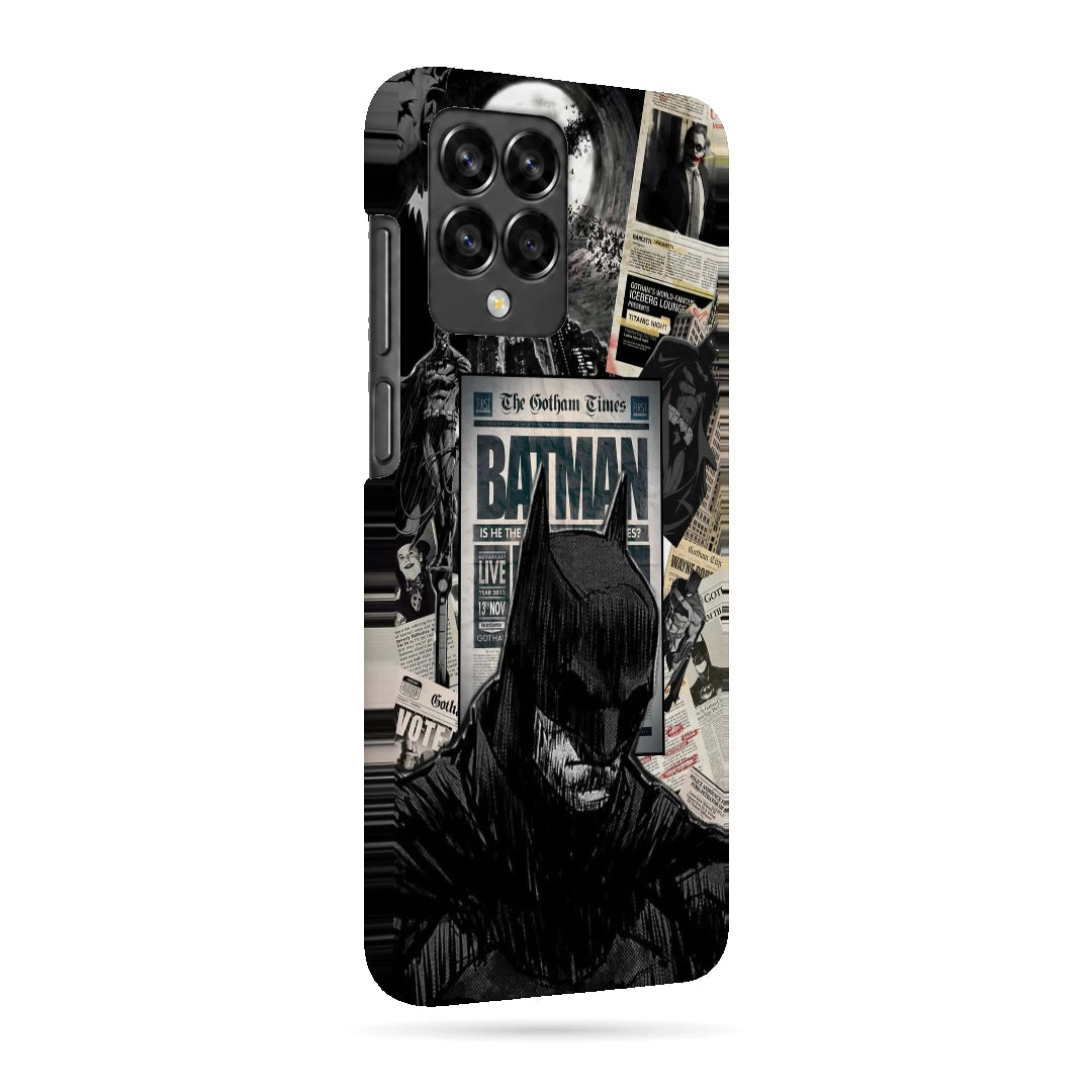 Batman Newspaper 3D Print Samsung M53 5G Phone Case, right-side view; black-and-white Batman portraits and newspaper-style graphics