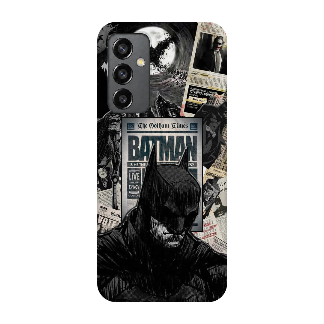 Batman Newspaper 3D Print Samsung Note 20 Phone Case, back view; black-and-white Batman portraits and newspaper-style graphics