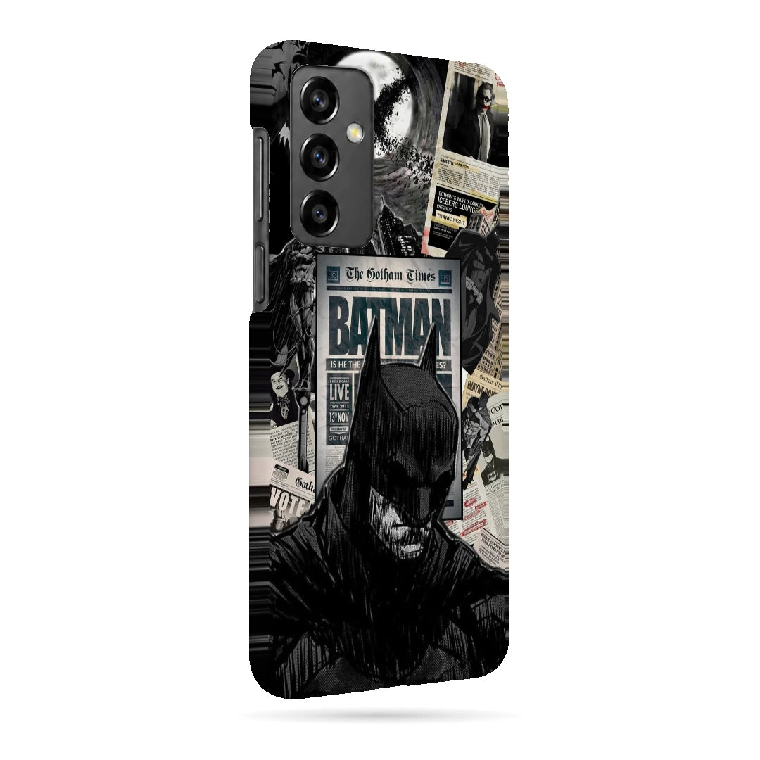 Batman Newspaper 3D Print Samsung Note 20 Phone Case, right-side view; black-and-white Batman portraits and newspaper-style graphics