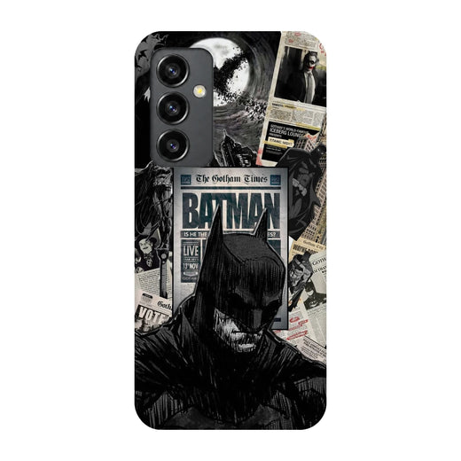 Batman Newspaper 3D Print Samsung S23 FE Phone Case, back view; black-and-white Batman portraits and newspaper-style graphics