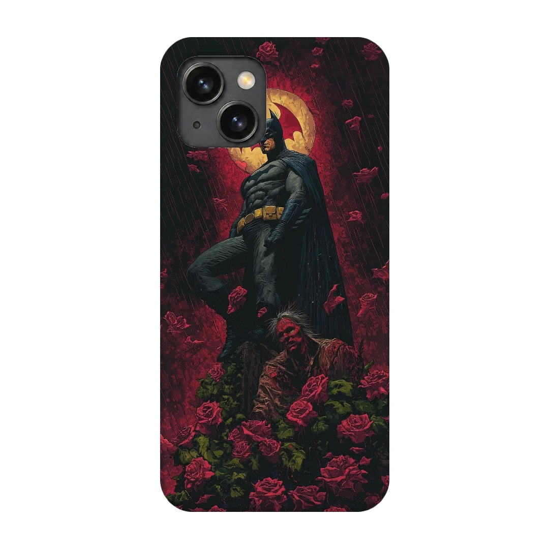 Batman Red Roses 3D Print iPhone 15 Plus Phone Case, back view; a dark caped figure above red roses with a gold moon behind