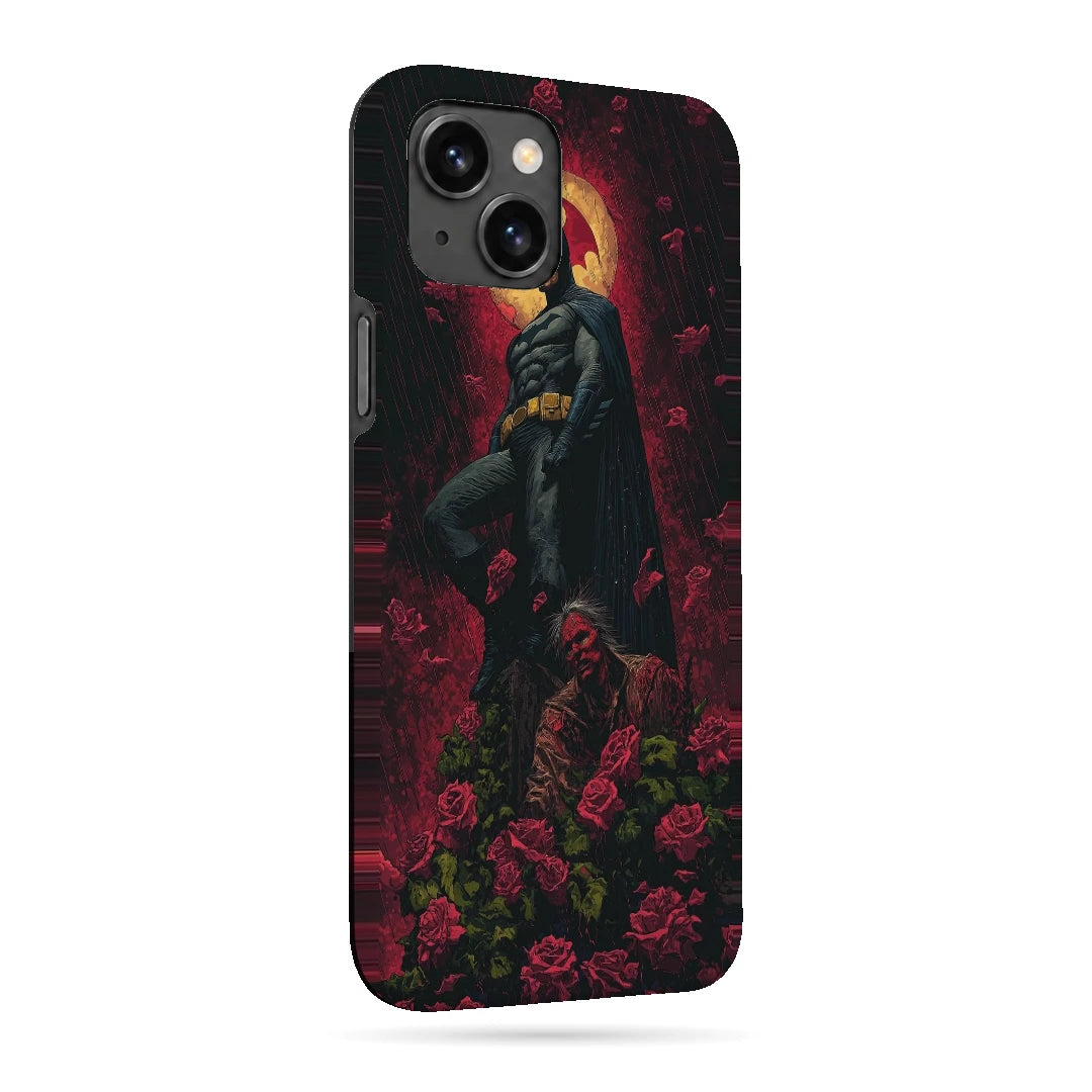 Batman Red Roses 3D Print iPhone 15 Plus Phone Case, right-side view; a dark caped figure above red roses with a gold moon behind