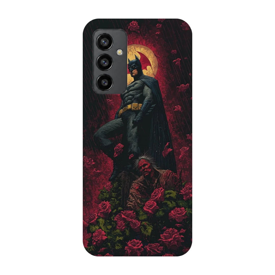 Batman Red Roses 3D Print OnePlus Nord CE Phone Case, back view; a dark caped figure above red roses with a gold moon behind