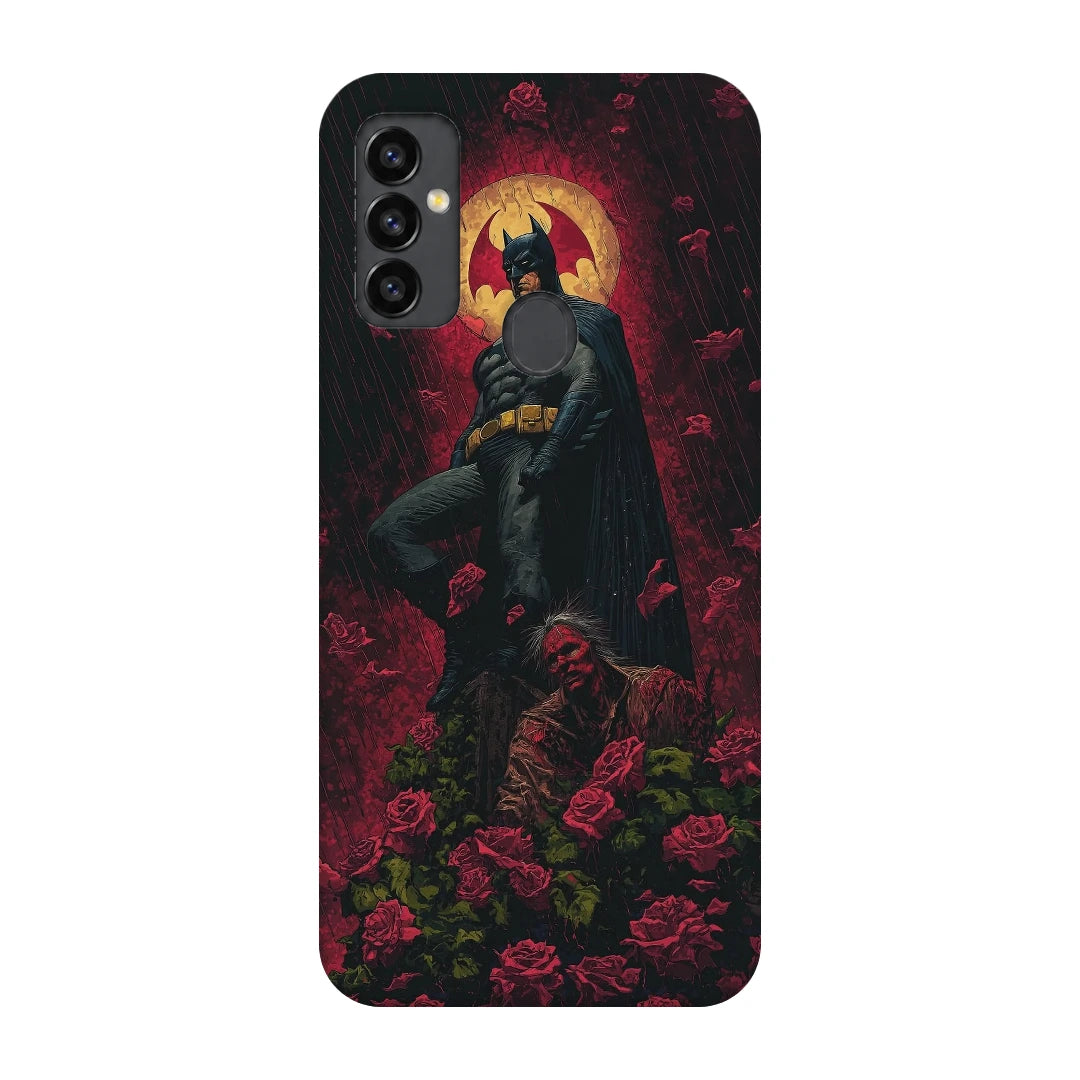 Batman Red Roses 3D Print Samsung M11 Phone Case, back view; a dark caped figure above red roses with a gold moon behind