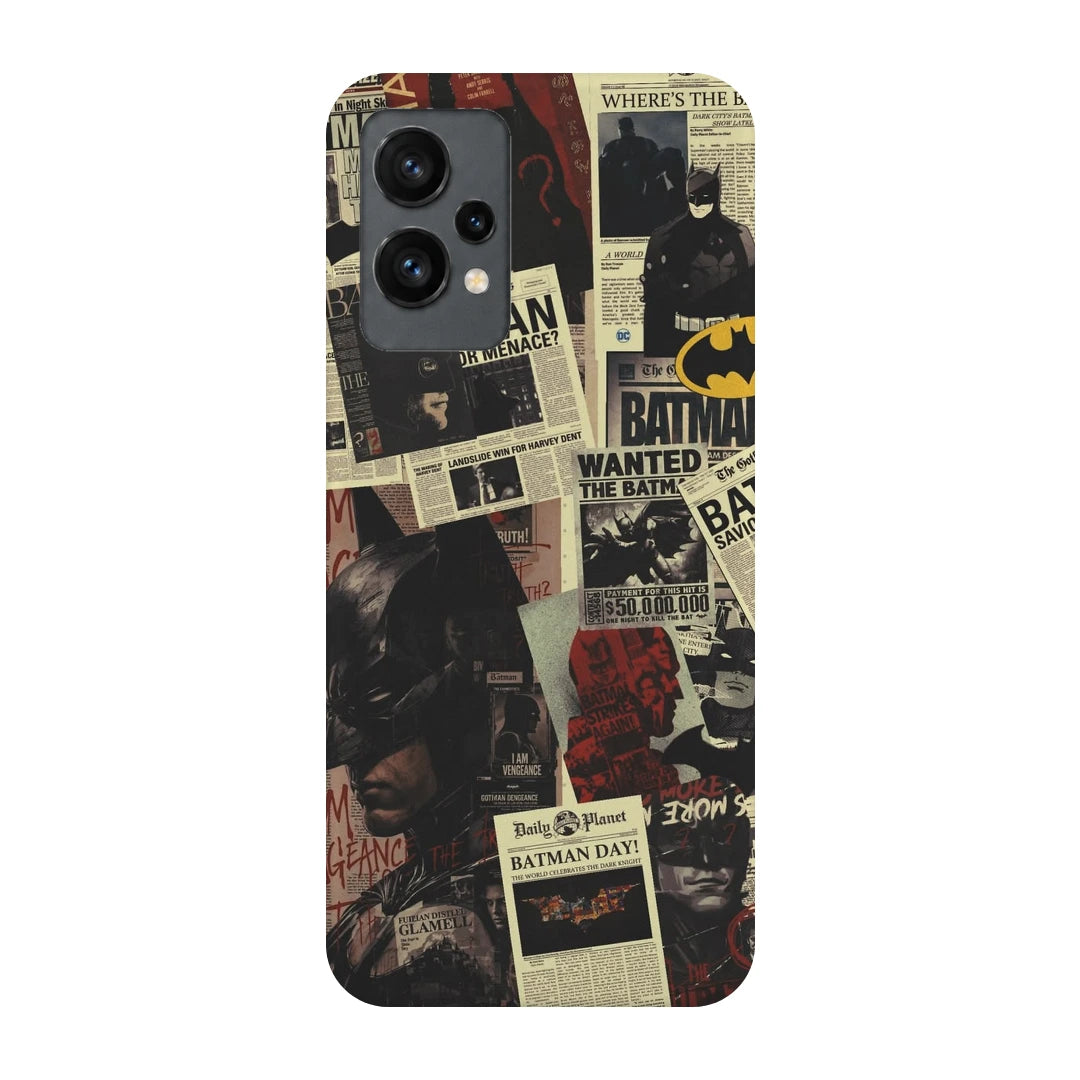 Batman Wanted Collage 3D Print OnePlus 9RT Phone Case, back view; Batman portraits and wanted-poster graphics in a vintage comic collage