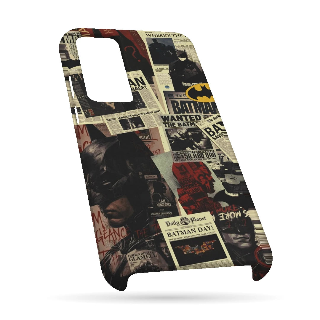 Batman Wanted Collage 3D Print OnePlus 9RT Phone Case, bottom view; Batman portraits and wanted-poster graphics in a vintage comic collage