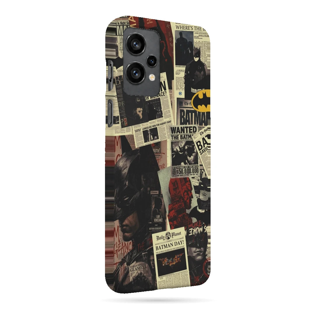 Batman Wanted Collage 3D Print OnePlus 9RT Phone Case, right-side view; Batman portraits and wanted-poster graphics in a vintage comic collage