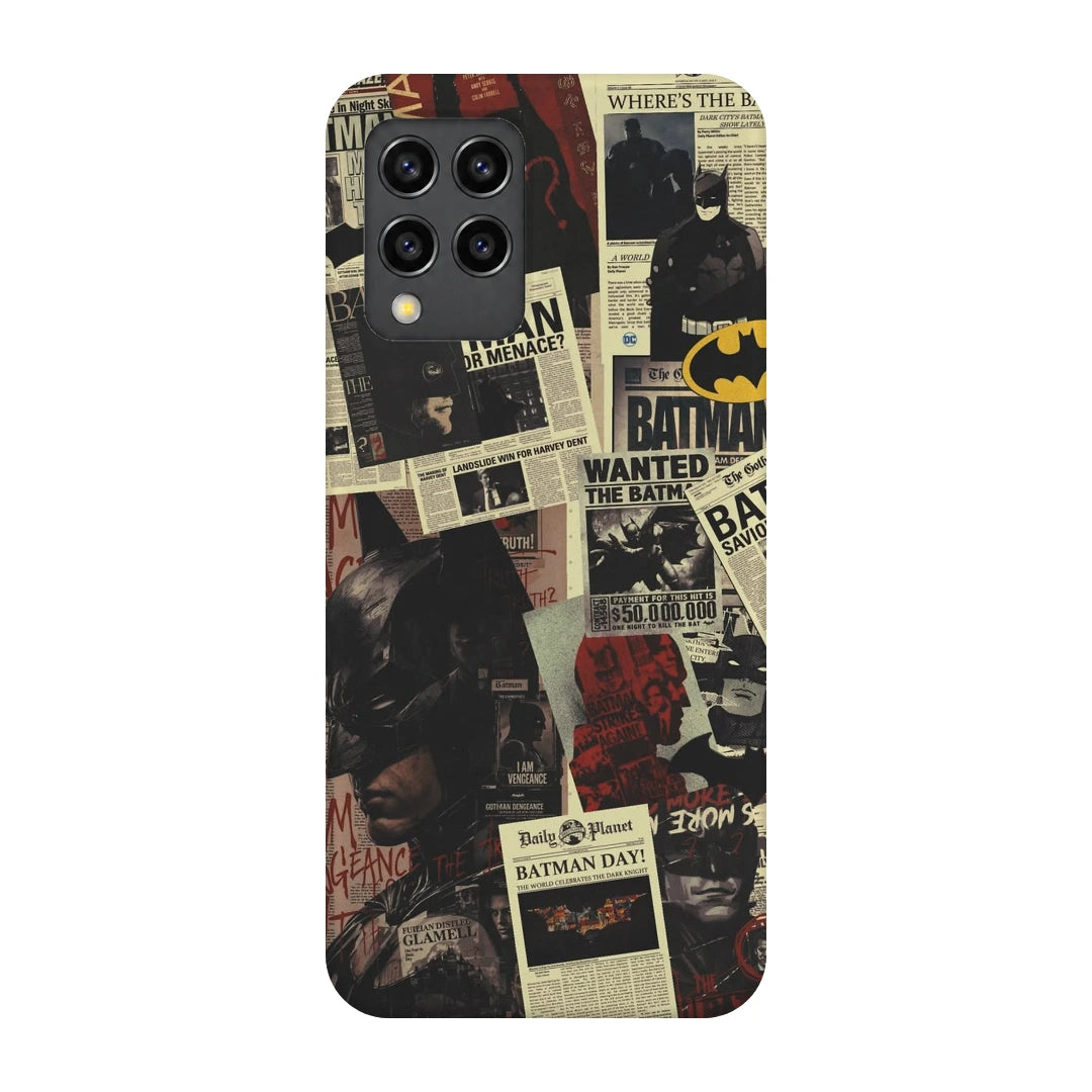 Batman Wanted Collage 3D Print Samsung F62 Phone Case, back view; Batman portraits and wanted-poster graphics in a vintage comic collage