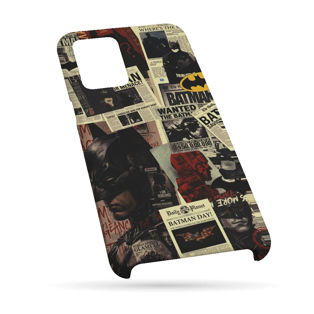 Batman Wanted Collage 3D Print Samsung F62 Phone Case, bottom view; Batman portraits and wanted-poster graphics in a vintage comic collage