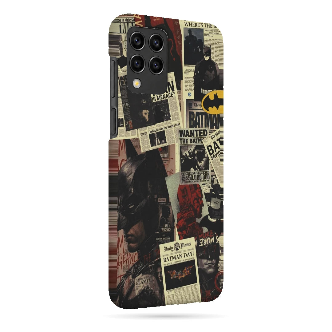 Batman Wanted Collage 3D Print Samsung F62 Phone Case, right-side view; Batman portraits and wanted-poster graphics in a vintage comic collage
