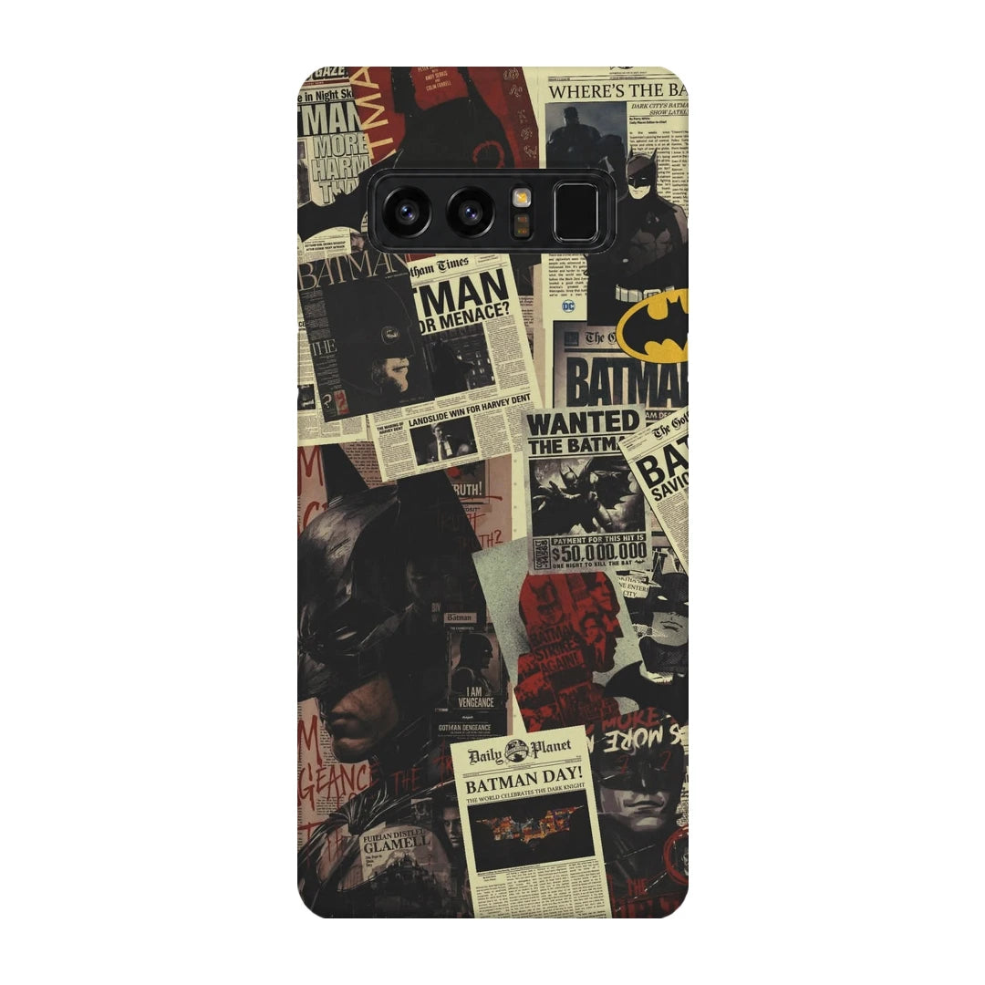 Batman Wanted Collage 3D Print Samsung Note 8 Phone Case, back view; Batman portraits and wanted-poster graphics in a vintage comic collage