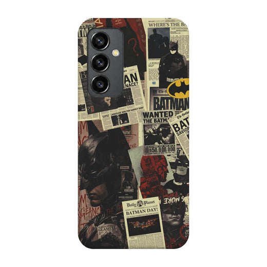 Batman Wanted Collage 3D Print Samsung S23 FE Phone Case, back view; Batman portraits and wanted-poster graphics in a vintage comic collage