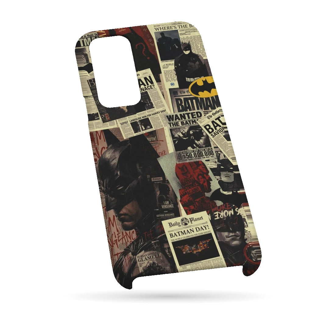 Batman Wanted Collage 3D Print Samsung S23 FE Phone Case, bottom view; Batman portraits and wanted-poster graphics in a vintage comic collage
