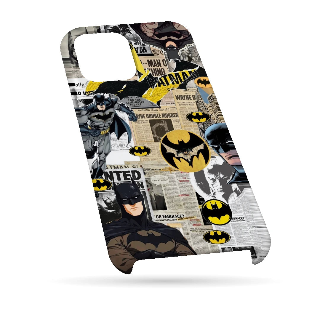 Batman Yellow Comic 3D Print iPhone 14 Phone Case, bottom view; Batman illustrations with yellow emblem accents and comic textures