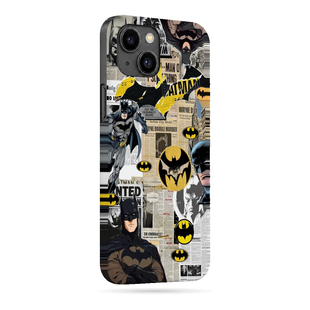 Batman Yellow Comic 3D Print iPhone 14 Phone Case, right-side view; Batman illustrations with yellow emblem accents and comic textures