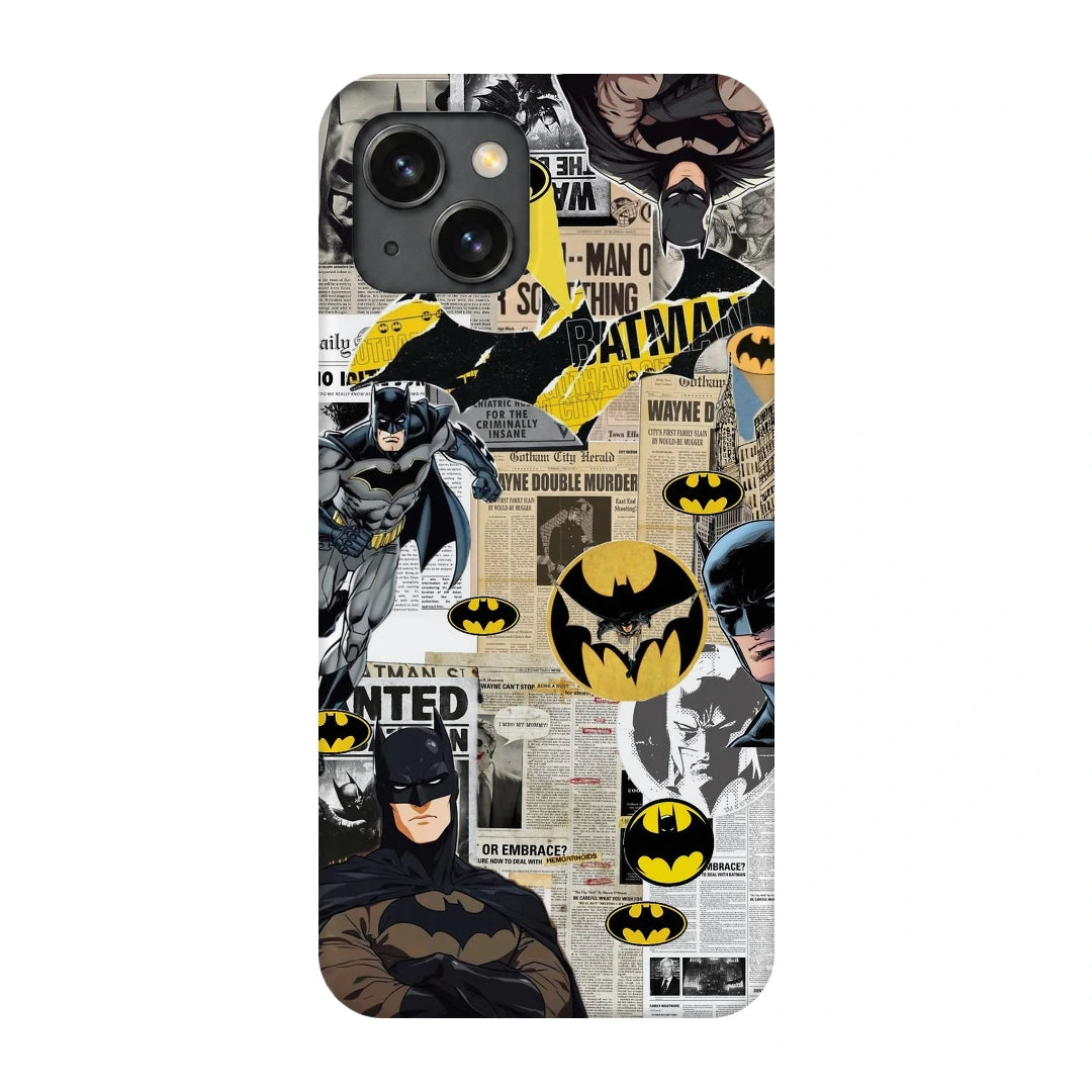 Batman Yellow Comic 3D Print iPhone 15 Plus Phone Case, back view; Batman illustrations with yellow emblem accents and comic textures