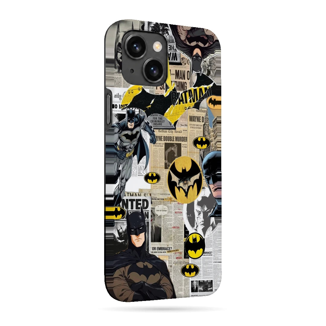 Batman Yellow Comic 3D Print iPhone 15 Plus Phone Case, right-side view; Batman illustrations with yellow emblem accents and comic textures
