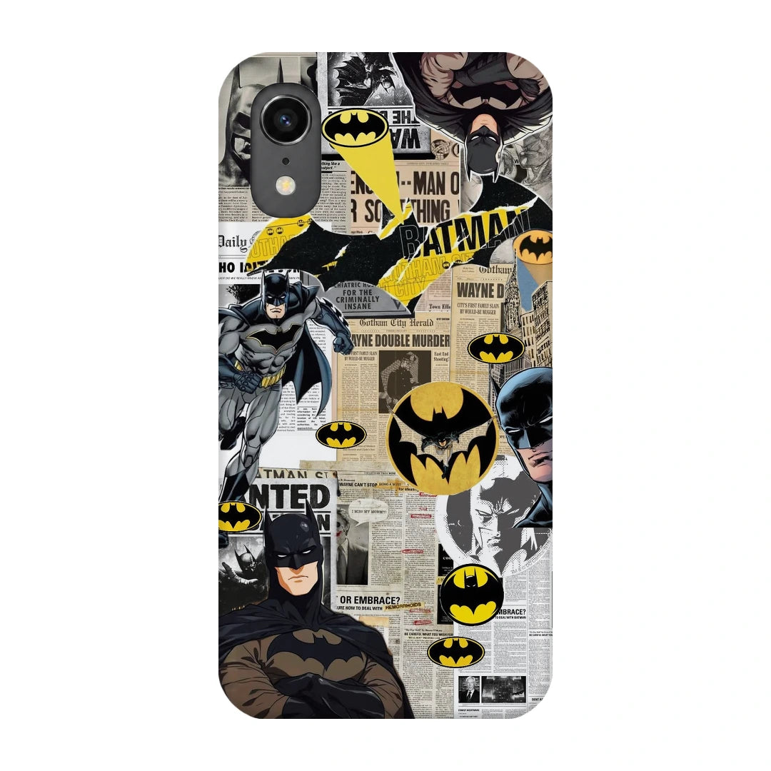 Batman Yellow Comic 3D Print iPhone XR Phone Case, back view; Batman illustrations with yellow emblem accents and comic textures
