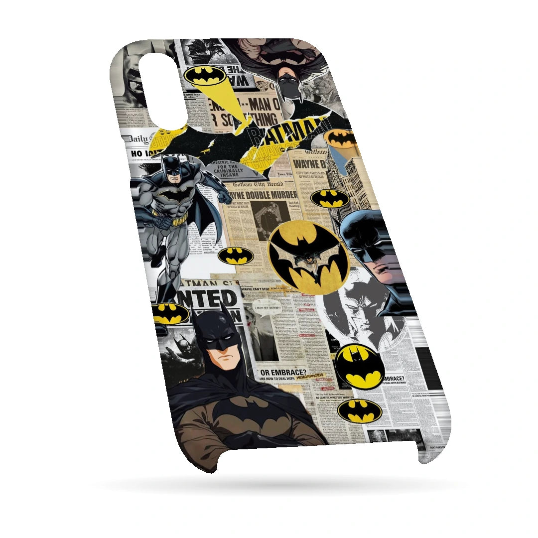 Batman Yellow Comic 3D Print iPhone XR Phone Case, bottom view; Batman illustrations with yellow emblem accents and comic textures