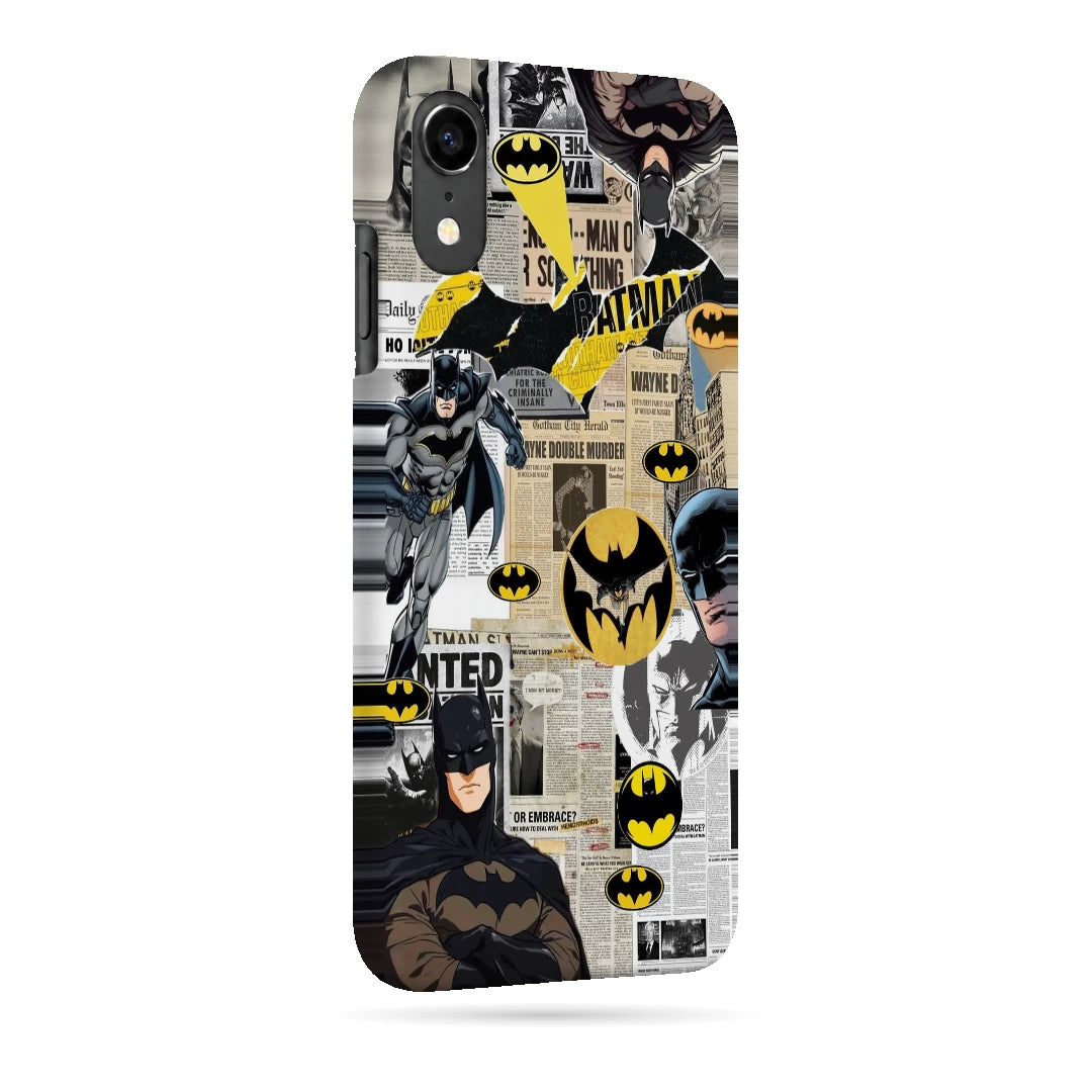 Batman Yellow Comic 3D Print iPhone XR Phone Case, right-side view; Batman illustrations with yellow emblem accents and comic textures