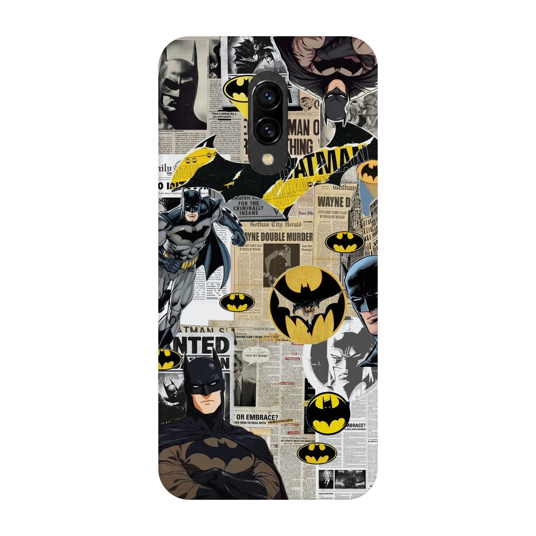 Batman Yellow Comic 3D Print OnePlus 7 Phone Case, back view; Batman illustrations with yellow emblem accents and comic textures
