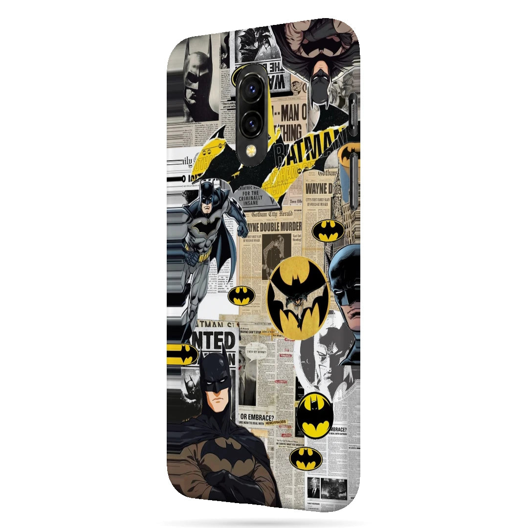 Batman Yellow Comic 3D Print OnePlus 7 Phone Case, right-side view; Batman illustrations with yellow emblem accents and comic textures