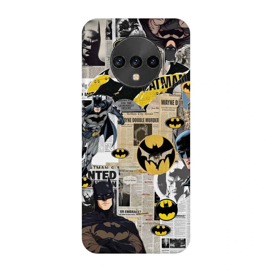 Batman Yellow Comic 3D Print OnePlus 7T Phone Case, back view; Batman illustrations with yellow emblem accents and comic textures