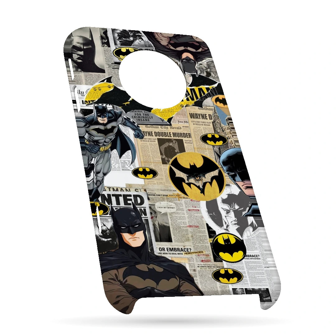 Batman Yellow Comic 3D Print OnePlus 7T Phone Case, bottom view; Batman illustrations with yellow emblem accents and comic textures