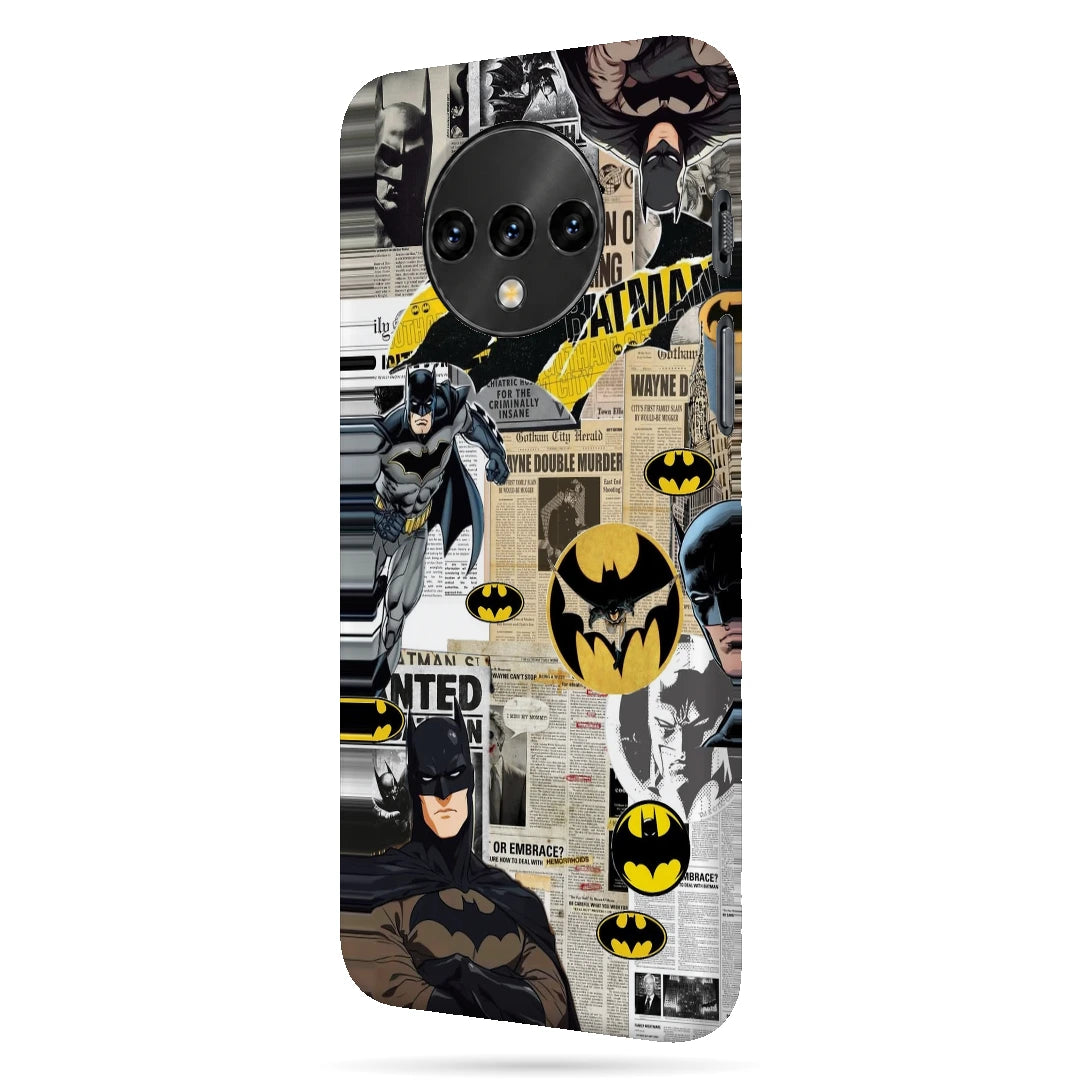 Batman Yellow Comic 3D Print OnePlus 7T Phone Case, right-side view; Batman illustrations with yellow emblem accents and comic textures