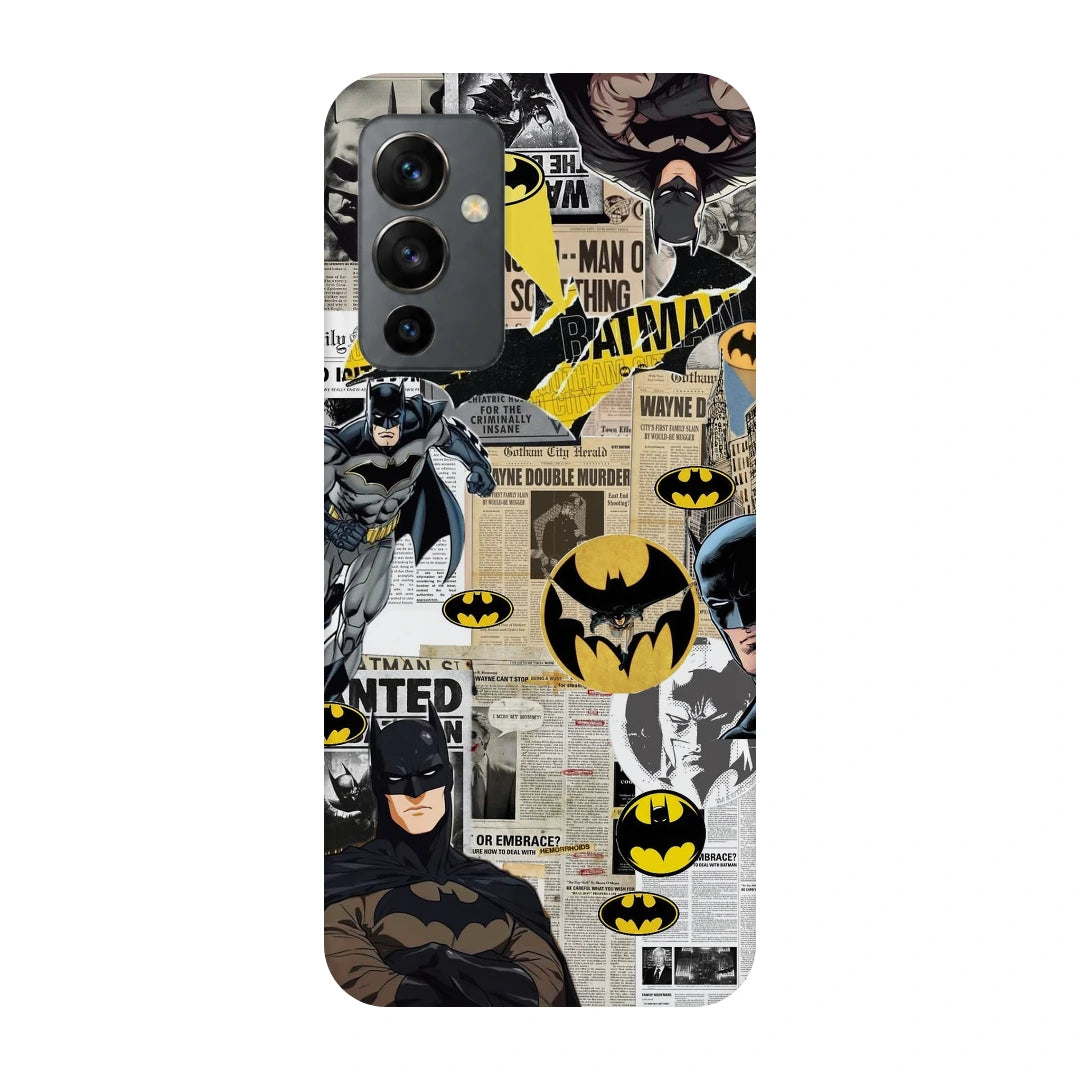 Batman Yellow Comic 3D Print OnePlus 9 Phone Case, back view; Batman illustrations with yellow emblem accents and comic textures
