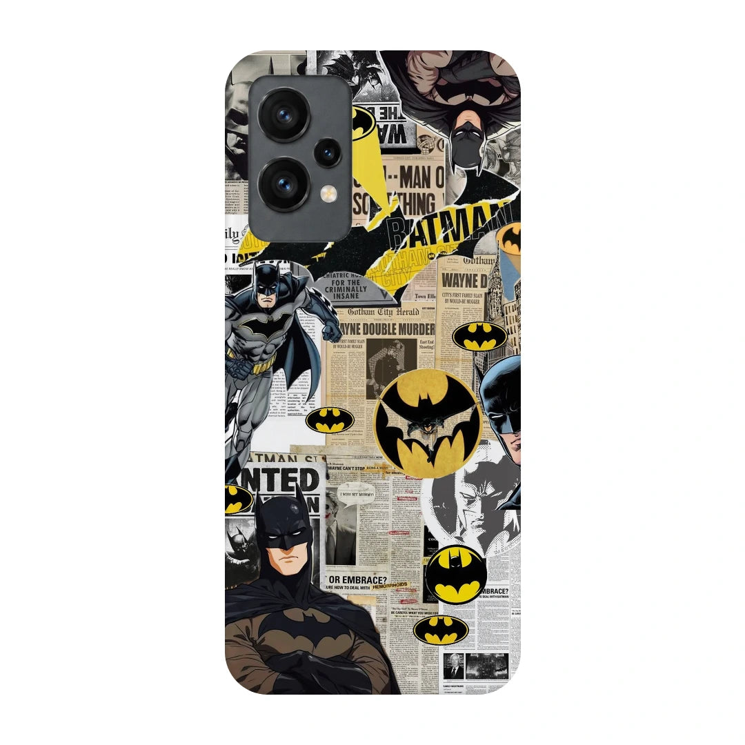 Batman Yellow Comic 3D Print OnePlus 9RT Phone Case, back view; Batman illustrations with yellow emblem accents and comic textures
