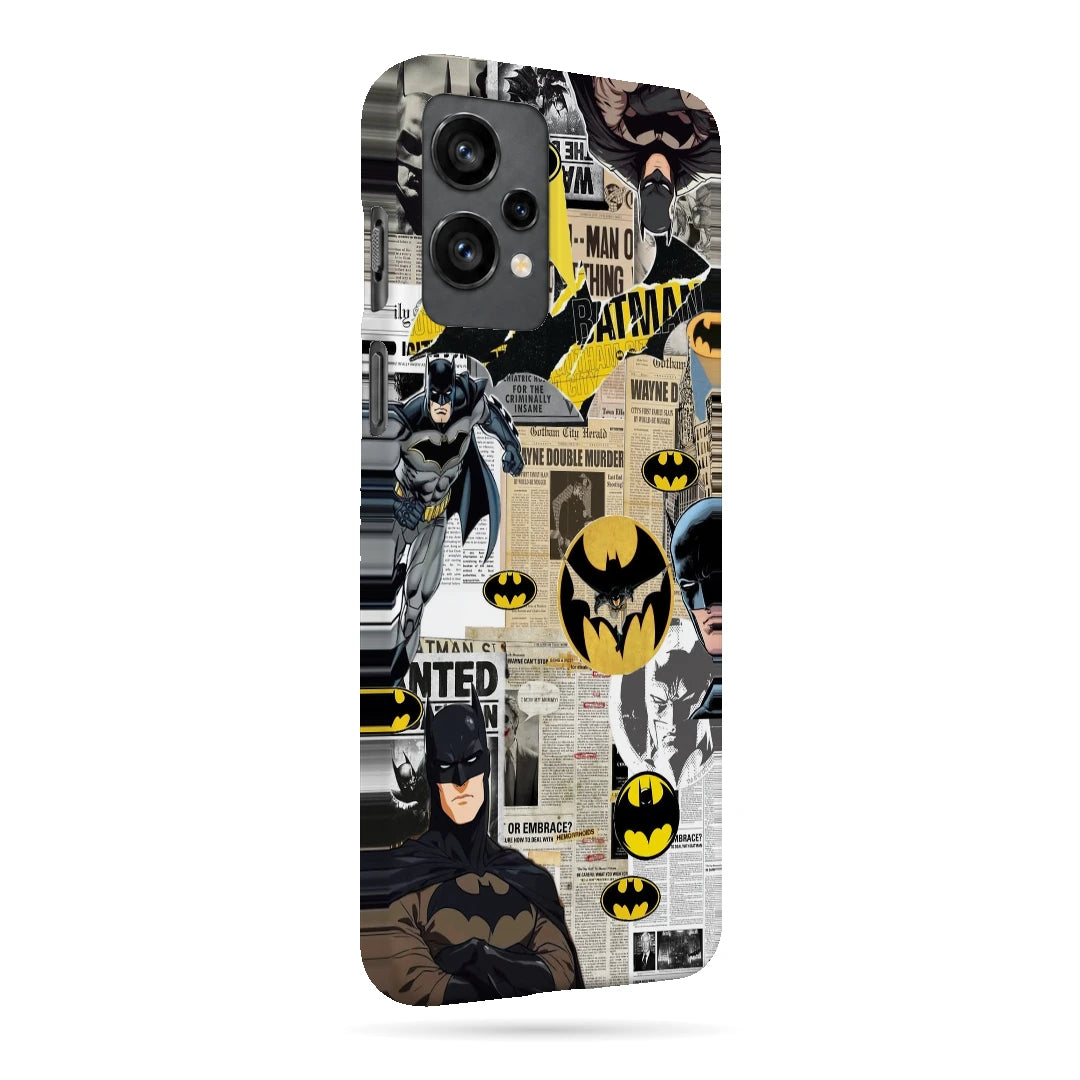 Batman Yellow Comic 3D Print OnePlus 9RT Phone Case, right-side view; Batman illustrations with yellow emblem accents and comic textures