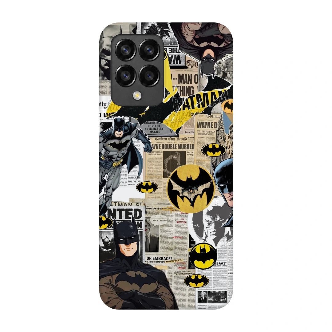 Batman Yellow Comic 3D Print Samsung M53 5G Phone Case, back view; Batman illustrations with yellow emblem accents and comic textures