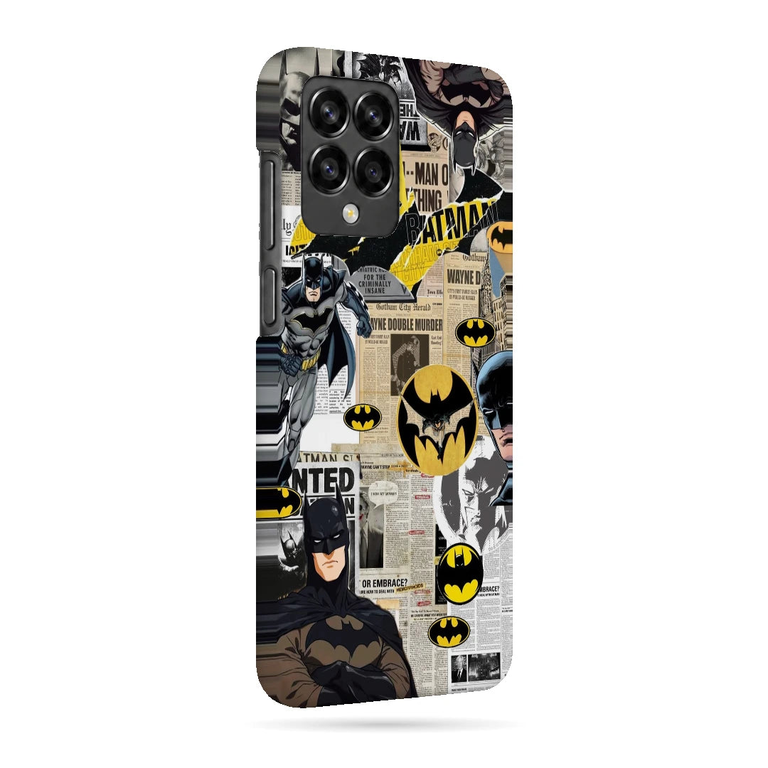 Batman Yellow Comic 3D Print Samsung M53 5G Phone Case, right-side view; Batman illustrations with yellow emblem accents and comic textures