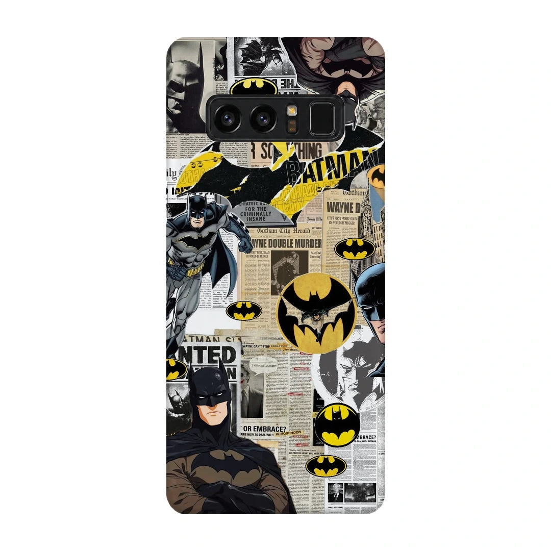 Batman Yellow Comic 3D Print Samsung Note 8 Phone Case, back view; Batman illustrations with yellow emblem accents and comic textures