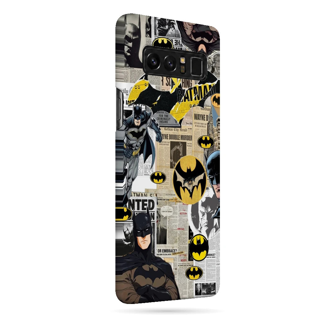 Batman Yellow Comic 3D Print Samsung Note 8 Phone Case, right-side view; Batman illustrations with yellow emblem accents and comic textures