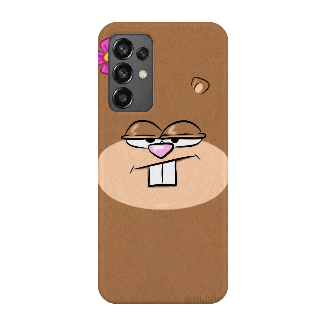 Brown Cartoon Face 3D Print Samsung M32 5G Phone Case, back view; a large smiling brown cartoon face with pink nose and white teeth