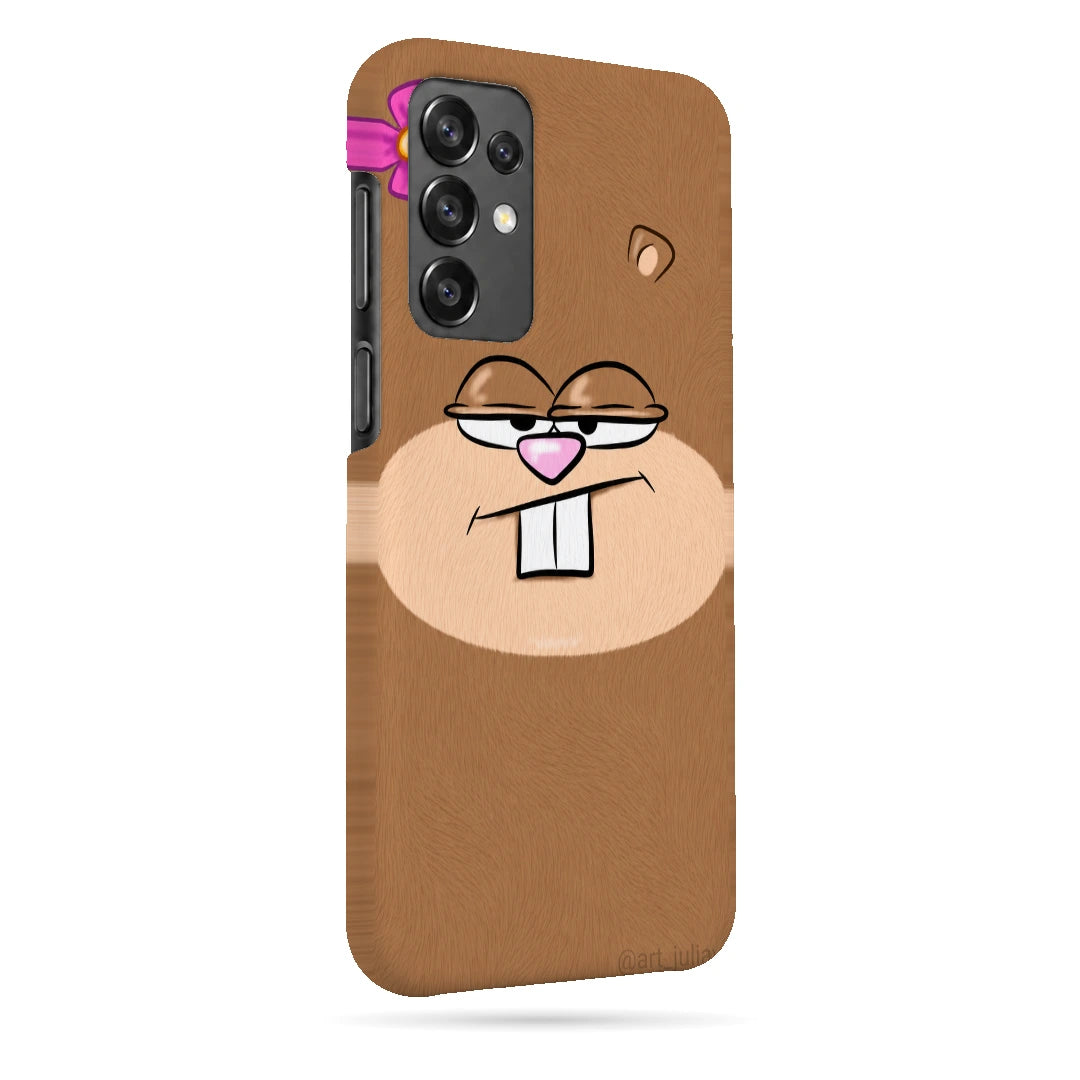 Brown Cartoon Face 3D Print Samsung M32 5G Phone Case, right-side view; a large smiling brown cartoon face with pink nose and white teeth