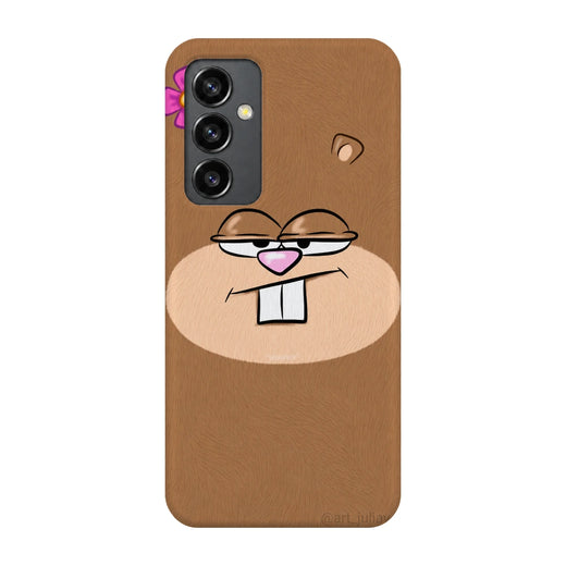 Brown Cartoon Face 3D Print Samsung S23 FE Phone Case, back view; a large smiling brown cartoon face with pink nose and white teeth