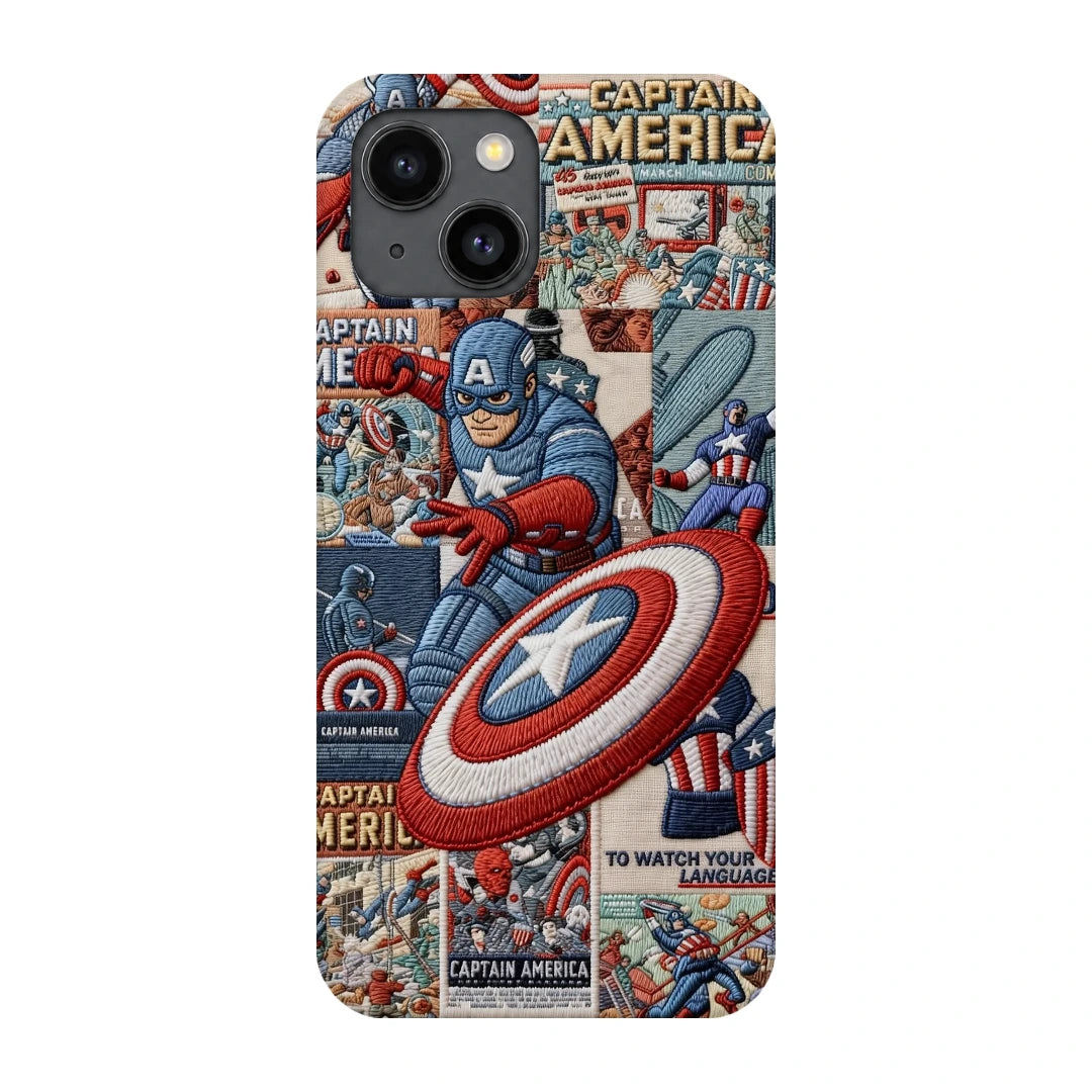Captain America Shield 3D Print iPhone 14 Phone Case, back view; Captain America and a red, white and blue shield over comic panels