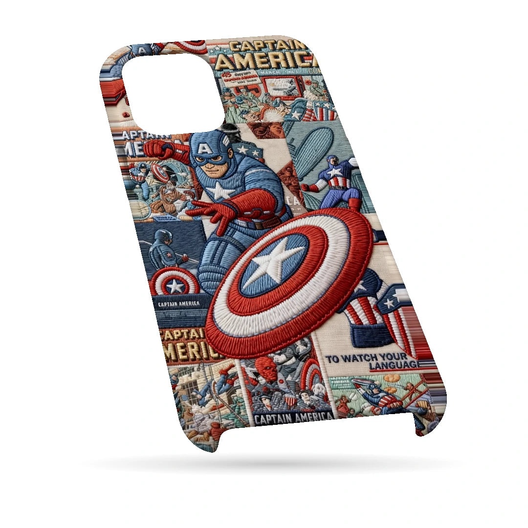 Captain America Shield 3D Print iPhone 14 Phone Case, bottom view; Captain America and a red, white and blue shield over comic panels