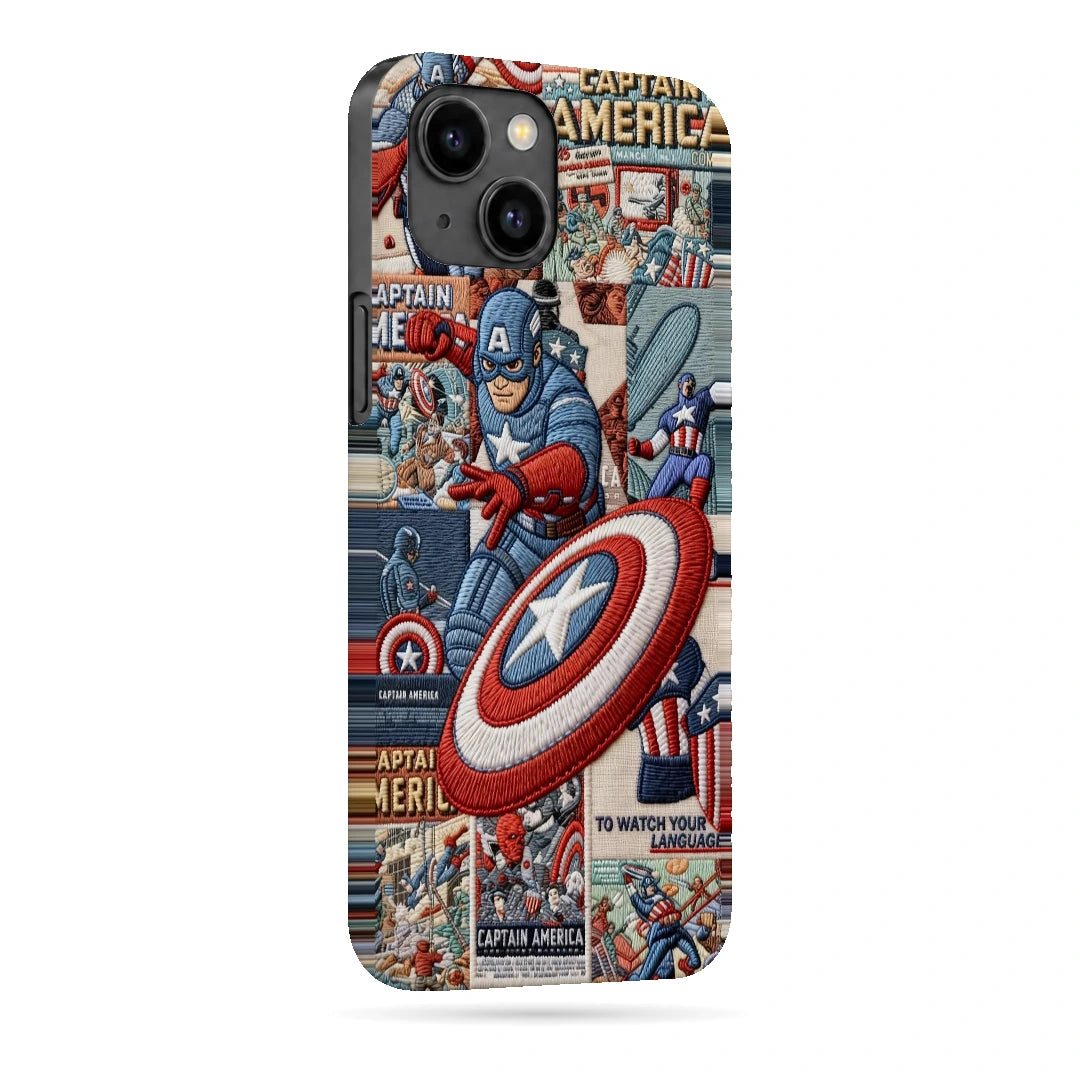 Captain America Shield 3D Print iPhone 14 Phone Case, right-side view; Captain America and a red, white and blue shield over comic panels