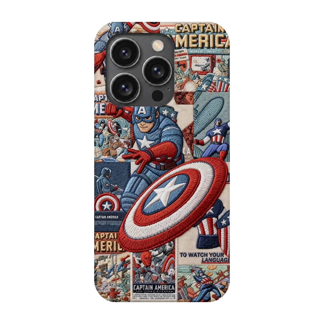 Captain America Shield 3D Print iPhone 14 Pro Phone Case, back view; Captain America and a red, white and blue shield over comic panels