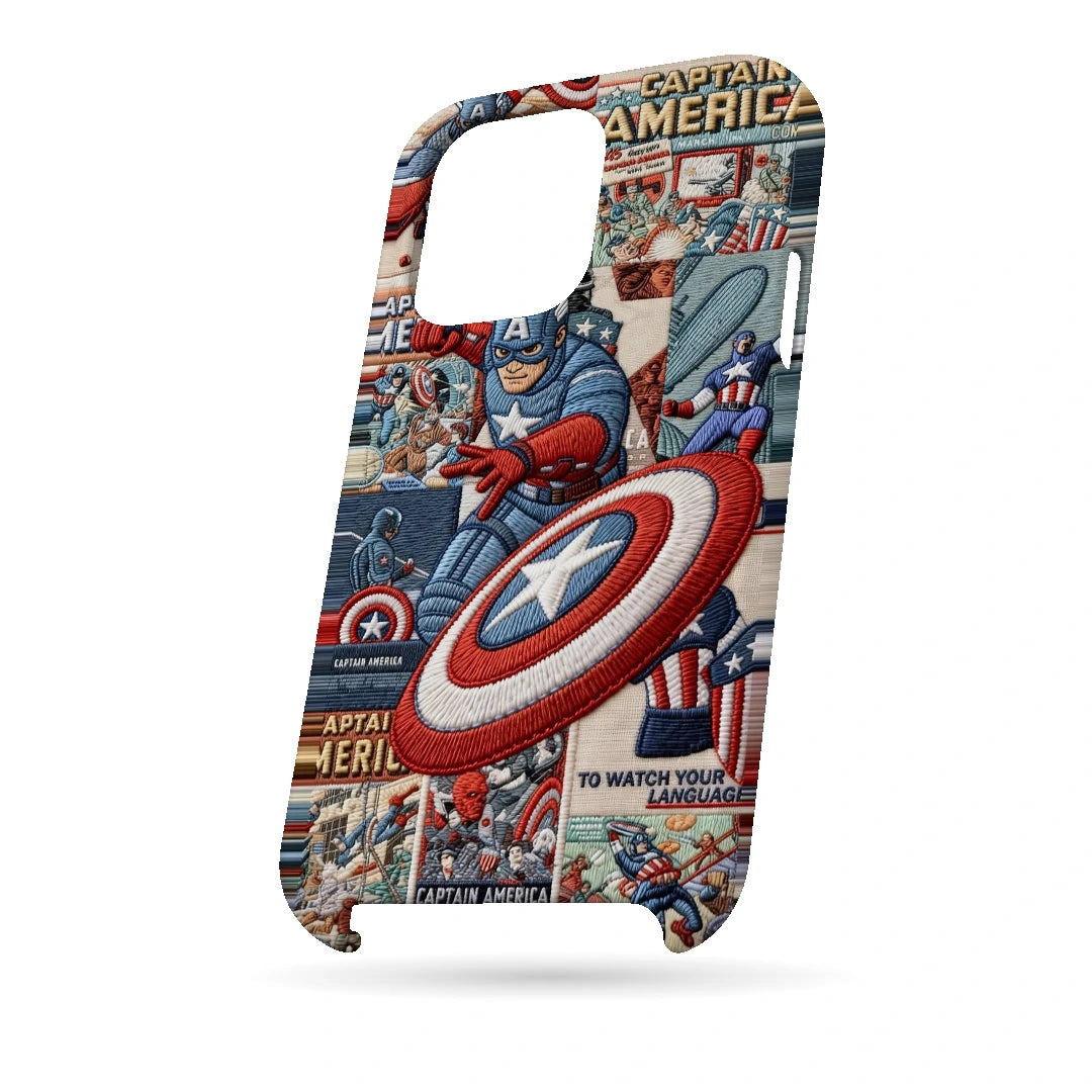 Captain America Shield 3D Print iPhone 14 Pro Phone Case, bottom view; Captain America and a red, white and blue shield over comic panels