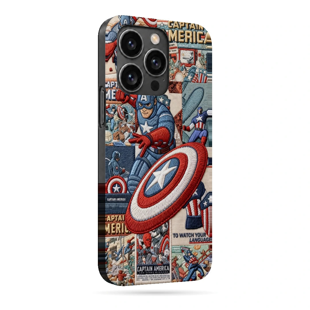 Captain America Shield 3D Print iPhone 14 Pro Phone Case, right-side view; Captain America and a red, white and blue shield over comic panels