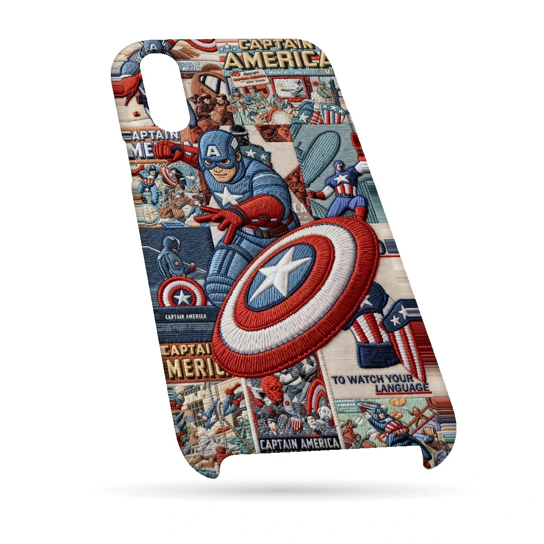 Captain America Shield 3D Print iPhone XR Phone Case, bottom view; Captain America and a red, white and blue shield over comic panels