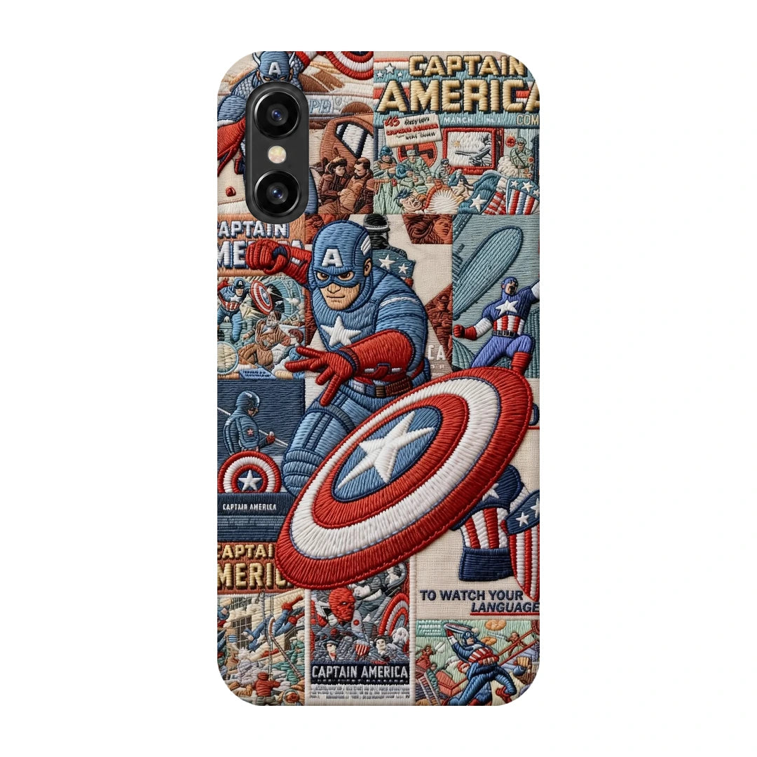 Captain America Shield 3D Print iPhone XS Phone Case, back view; Captain America and a red, white and blue shield over comic panels