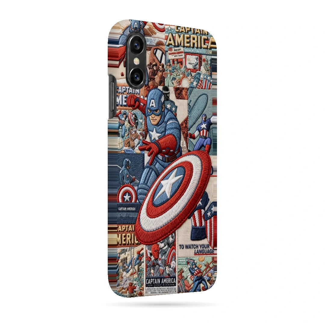 Captain America Shield 3D Print iPhone XS Phone Case, right-side view; Captain America and a red, white and blue shield over comic panels